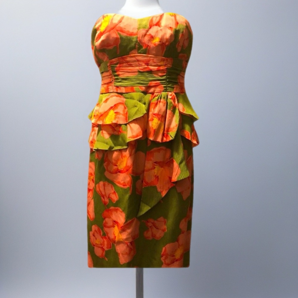 Nanette Lepore silk strapless dress pic Rushing, sheer tiered ruffles at waist 8
